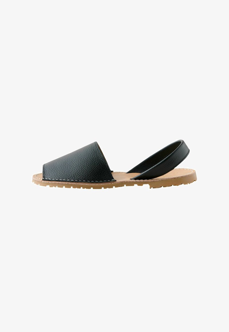 Sandale noire en cuir à bout ouvert avec semelle beige, avant fermé et bride à l’arrière, présentée de profil sur fond blanc.