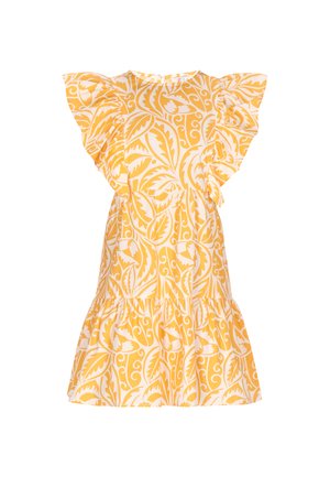 Gelbes Blumenkleid mit Rüscheärmeln, gestuftem Rock und aufwendigen weißen Blättermustern. Leichter Stoff, runder Ausschnitt, Knopfverschluss hinten.