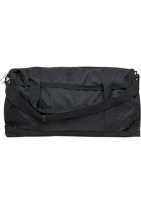 Black duffel bag made of durable fabric, featuring two sturdy handles, adjustable shoulder strap, and a zippered top closure.