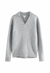 Maglione grigio lavorato a maglia con colletto a V, silhouette oversize e polsini e orlo a coste. La texture morbida aumenta il comfort.