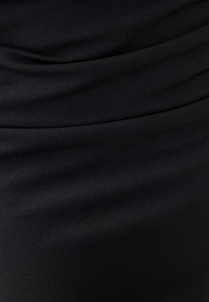 Black fitted dress featuring soft, smooth texture with gathered detailing along the fabric, creating subtle folds.