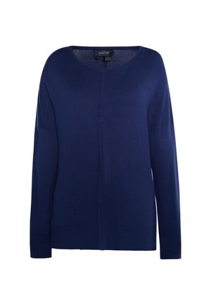 Námořnický modrý svetr s kulatým výstřihem, dlouhými rukávy a žebrovanými manžetami. Vyroben z měkké látky, má hladkou strukturu a jemné švy.