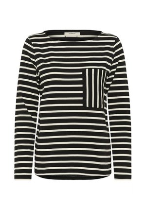 Sort-hvid horisontalt striped langærmet skjorte med en kontrasterende lodret striped brystlomme og en rund halsudskæring.