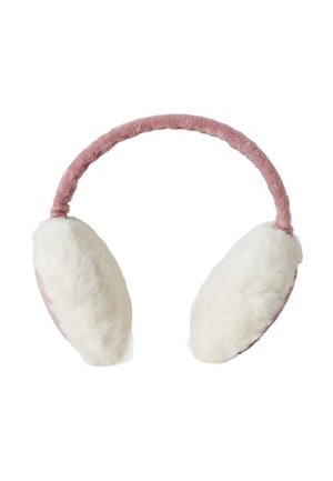 Różowe, pluszowe nauszniki z miękkimi, białymi, sztucznymi futrzanymi poduszkami na uszy, z wyściełanym pałąkiem dla komfortu i zaokrąglonym kształtem.