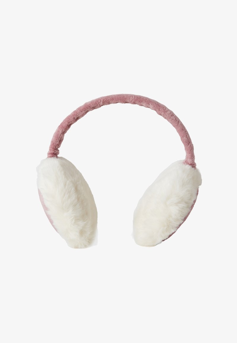 Růžové plyšové ušní vložky s měkkými bílými umělými kožešinovými podložkami, vybavené polstrovaným hlavovým mostem pro komfort a kulatým tvarem.