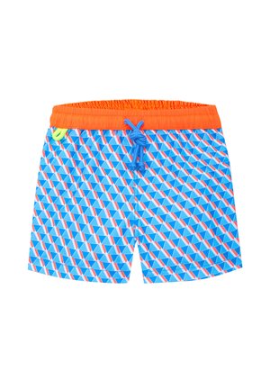 Shorts de bain avec un motif géométrique bleu comportant des triangles rouges et blancs. Taille élastique orange avec cordon bleu et accent jaune.