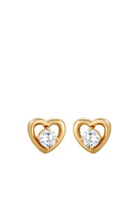 Boucles d'oreilles en or en forme de cœur avec un zircon cubique clair au centre. Texture lisse avec un design de cœur ouvert entourant la pierre.