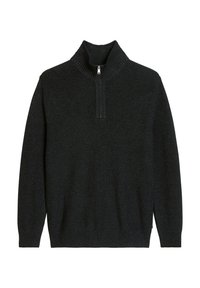 Pull gris foncé, à côtes, avec un col haut et plié et une demi-fermeture éclair. Doté de manches longues et d'une coupe droite. Texture douce.