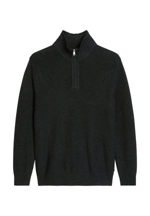 Pull gris foncé, à côtes, avec un col haut et plié et une demi-fermeture éclair. Doté de manches longues et d'une coupe droite. Texture douce.