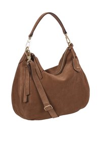 Braune Wildleder-Hobo-Tasche mit einer geschwungenen Form, einem einzelnen Tragegriff und goldfarbener Hardware. Mit einem Reißverschlussverschluss und seitlichem Quastendetail.