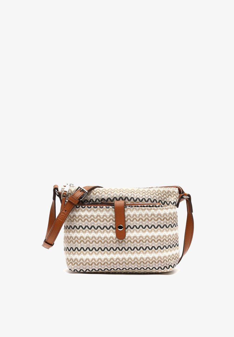 Textureeritud beež kangas kott, millel on siksakimuster, pruunad nahkaistmed, reguleeritav rihm ja lukuga sulgemine koos esiseibiga.