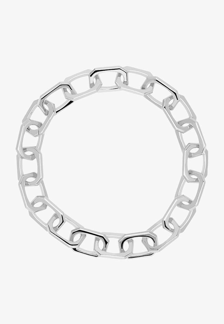 Silver metal chain necklace featuring interlocking hexagonal and oval links, with a smooth, polished finish and a uniform design.