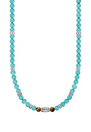 Turquoise bead necklace with silver decorative spacer beads and two brown beads flanking a larger silver bead with black geometric patterns.