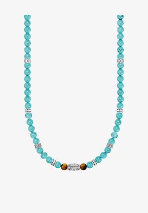 Türkisfarbene Perlenkette mit silbernen dekorativen Abstandshaltern und zwei braunen Perlen, die eine größere silberne Perle mit schwarzen geometrischen Mustern flankieren.