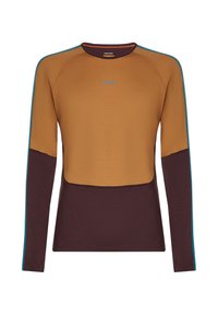 Langsleeve crewneckshirt in bruin en mosterd met blauwe piping op de mouwen, 'icebreaker' logo gecentreerd op de borst.