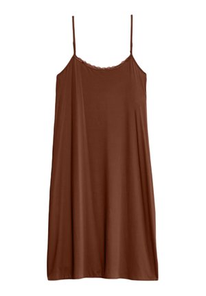 Un camisón marrón sin mangas hecho de una tela suave, con un delicado encaje en el escote y una forma suelta y fluida.