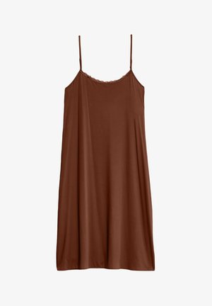 Camicia da notte marrone senza maniche realizzata in tessuto morbido, con delicate rifiniture in pizzo lungo lo scollo e una forma libera e fluttuante.