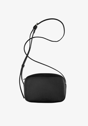 Borsa a tracolla nera in pelle con finitura testurizzata, forma rettangolare, tracolla regolabile e chiusura con cerniera. Design minimalista.