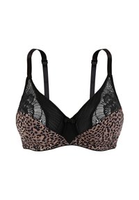 Soutien-gorge en imprimé léopard avec détails en dentelle noire, côtés en mesh, bretelles réglables et un petit nœud décoratif au centre avant.