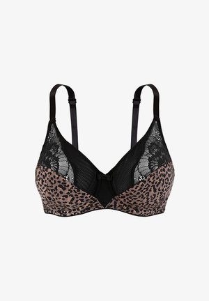 Soutien-gorge en imprimé léopard avec détails en dentelle noire, côtés en mesh, bretelles réglables et un petit nœud décoratif au centre avant.