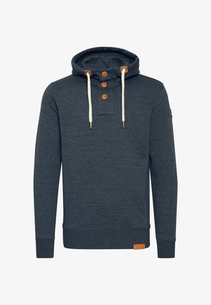 Mørkeblå hettegenser laget av bomull, med høy hals, tre treskilder, kremfargede snorer og et lærlogo-patch ved kanten.