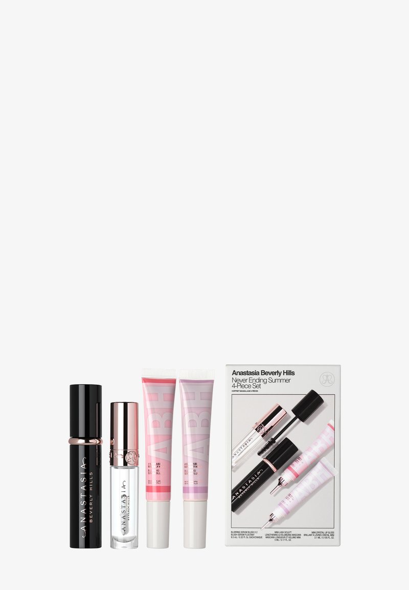 Anastasia Beverly Hills make-up set van vier stuks inclusief mascara, heldere gloss, twee getinte lipgels en productverpakking.