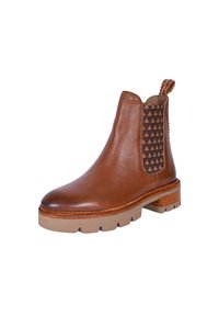 Stivale alla caviglia in pelle marrone con pannelli laterali elasticizzati caratterizzati da un motivo triangolare, tacco blocco e suola in gomma resistente.