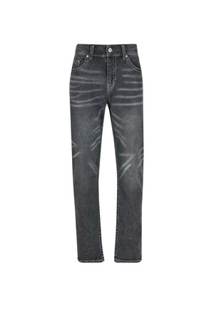 Zwarte rechte denimjeans met vervaagde patronen, vijf-pocketontwerp en metalen knoopsluiting. Textuurstof met subtiele draagdetails.