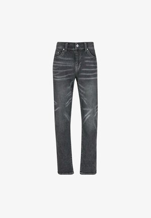 Črne naravnost krojene denim hlače z zbledelimi vzorci, zasnova s petimi žepi in kovinsko zaponko. Teksturovan material s subtilnimi detajli obrabe.