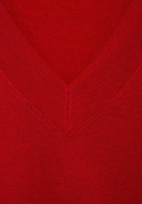 Roter Strickpullover mit V-Ausschnitt, ausgestattet mit einem gerippten Kragen und glatter Textur. Keine auffälligen Muster oder Hardwaredetails sichtbar.