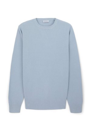 Light blue knit sweater with long sleeves, ribbed texture, round neckline, and finished hems. Label: "CALLIOPE."