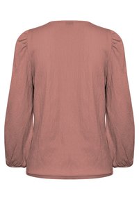 Blusa de manga larga, texturizada, en color rosa suave, con escote redondo y mangas con frunces, elaborada en una tela ligera y fluida.