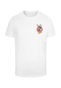 White cotton t-shirt featuring a colorful graphic of a cartoon character against a circular red and white pattern on the chest.