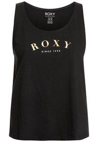 Czarny top na ramiączkach wykonany z bawełny, z okrągłym dekoltem. Wyróżnia się złotym napisem "ROXY" oraz białym "since 1990" poniżej logo.