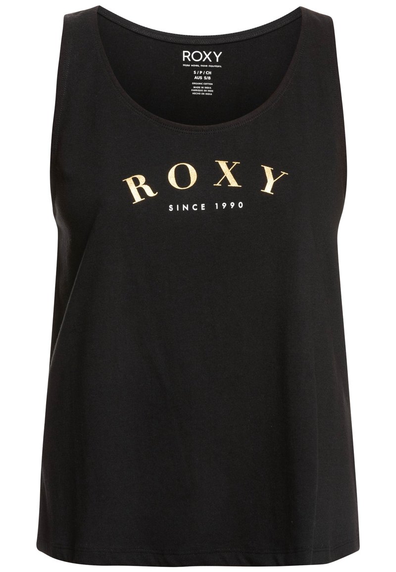 Czarny top na ramiączkach wykonany z bawełny, z okrągłym dekoltem. Wyróżnia się złotym napisem "ROXY" oraz białym "since 1990" poniżej logo.