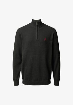 Czarny sweter z długim rękawem, z krótkim zamkiem błyskawicznym i małym czerwonym haftowanym logo na lewej piersi.