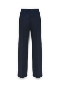 Navy blauwe broek met een recht model, voorzien van een sluiting met een voorste knoop, subtiele stikseldetails en zonder zichtbare zakken.
