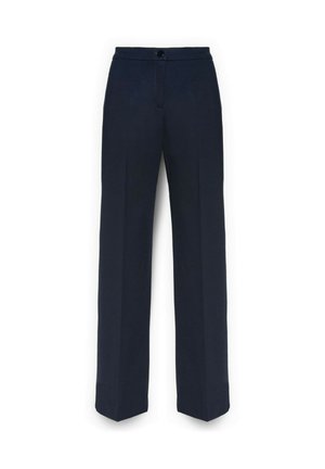 Navy blauwe broek met een recht model, voorzien van een sluiting met een voorste knoop, subtiele stikseldetails en zonder zichtbare zakken.