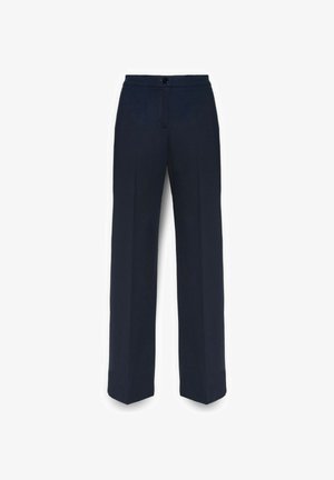 Pantalones azul marino con un diseño de pierna recta, que presentan un cierre frontal con botón, detalles de costura sutiles y sin bolsillos visibles.