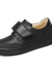 Sneakers in pelle nera con una fascetta in Velcro, puntale testurizzato e lati lisci. Presentano una suola in gomma con un motivo a punti per migliorare la presa.