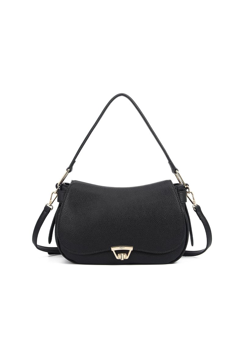 Borsa a spalla in pelle nera con superficie testurizzata, design curvo, accessori in metallo dorato e tracolla regolabile.