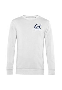 Felpa bianca a maniche lunghe in misto cotone, presenta un logo blu navy che recita "Cal University of California" sul petto.