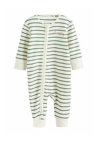 Striped baby onesie with a front zipper, ribbed texture, off-white base, and dark green horizontal stripes. "Happy" embroidered in soft pink.