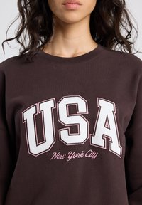 Brown fleece sweatshirt featuring a white "USA" print with pink accents and "New York City" text below. Classic crew neckline and relaxed fit.