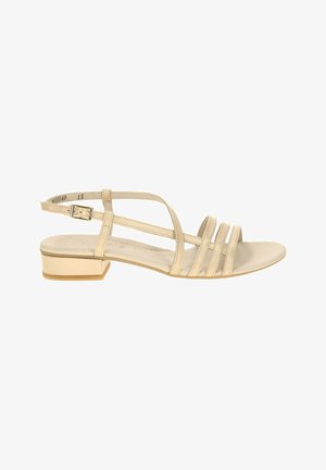 Beige Sandale mit niedrigem Absatz, drei vorderen Riemen, Knöchelriemen mit Schnalle und offenem Zeh-Design auf weißem Hintergrund.