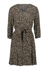 Robe à imprimé floral avec un fond noir, dotée d'un décolleté en V, de manches trois-quarts, d'une taille à nouer et d'une jupe évasée.