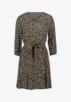 Floral print dress with a black background, featuring a V-neck, three-quarter sleeves, a tie waist, and a flared skirt.