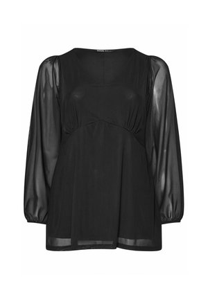 Schwarzes Top mit einem glatten Oberteil und transparenten langen Ärmeln. Verfügt über ein gerafftes Design an der Taille und einen runden Halsausschnitt. Leichte Stoffqualität.