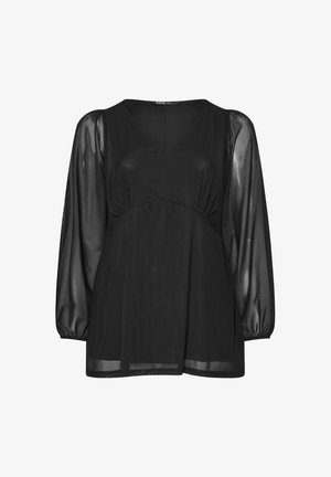 Schwarzes Top mit einem glatten Oberteil und transparenten langen Ärmeln. Verfügt über ein gerafftes Design an der Taille und einen runden Halsausschnitt. Leichte Stoffqualität.