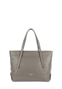 Borsa tote in pelle grigia con doppi manici superiori, finitura testurizzata, dettagli in metallo dorato e un logo discreto sul frontale.